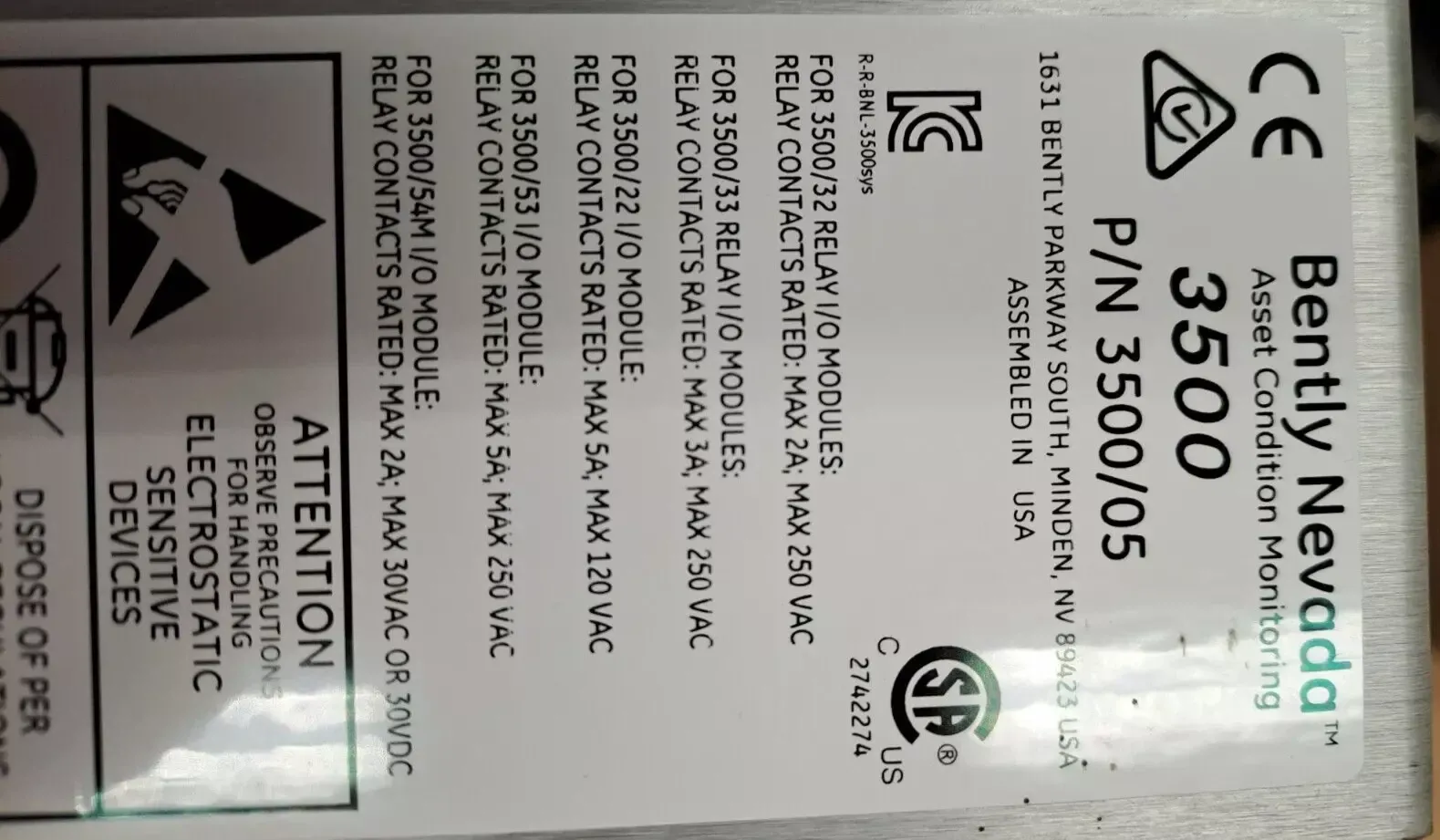 Bently Nevada 3500/05-01-01-00-00-01 System Rack